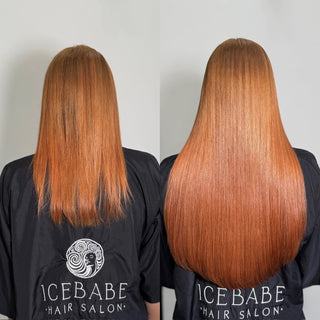 Before and after photos showing a transformation to voluminous hair.