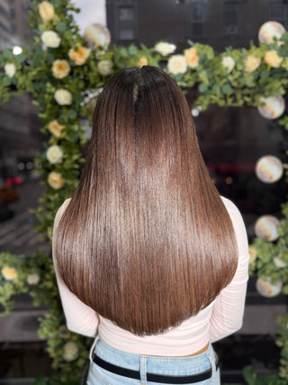 Before and after photo showing volume from Ice Fusion extensions.