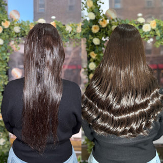 A friendly hair consultant holding up two shades of hair extensions.