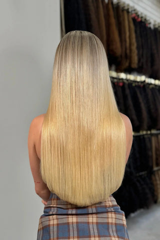 Ice Fusion hair extensions transformation — long blonde hair after ICEBABE NYC studio appointment